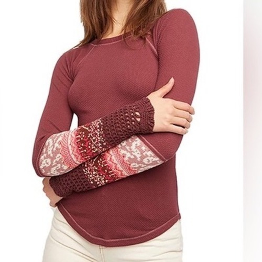 Free People embroidered Burgundy Thermal in the mix Fair Isle Sleeve Top XS